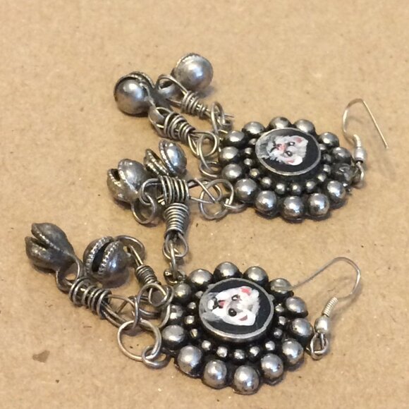 Ferret Earrings Handpainted Danglers Silvertone Metal Long Polecat Pet Artisan - Picture 9 of 12